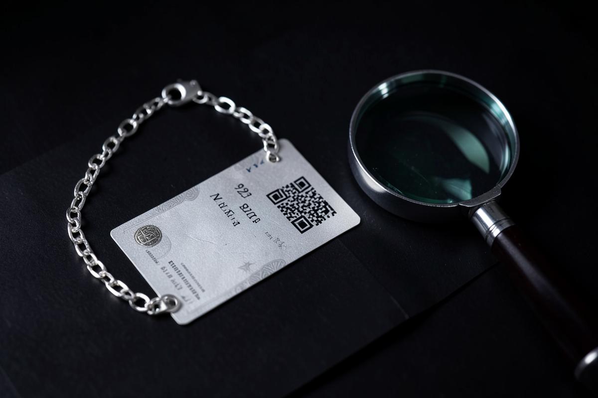 کارت شناسنامه اصالت نقره با کد QR در کنار دستبند نقره ۹۲۵ و ذره‌بین